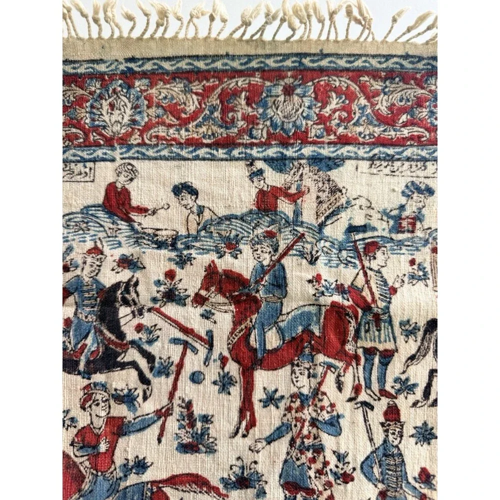 Antique Persian Fringed Cloth Tapestry Qajar Hunting & Polo Scene 24 X 24